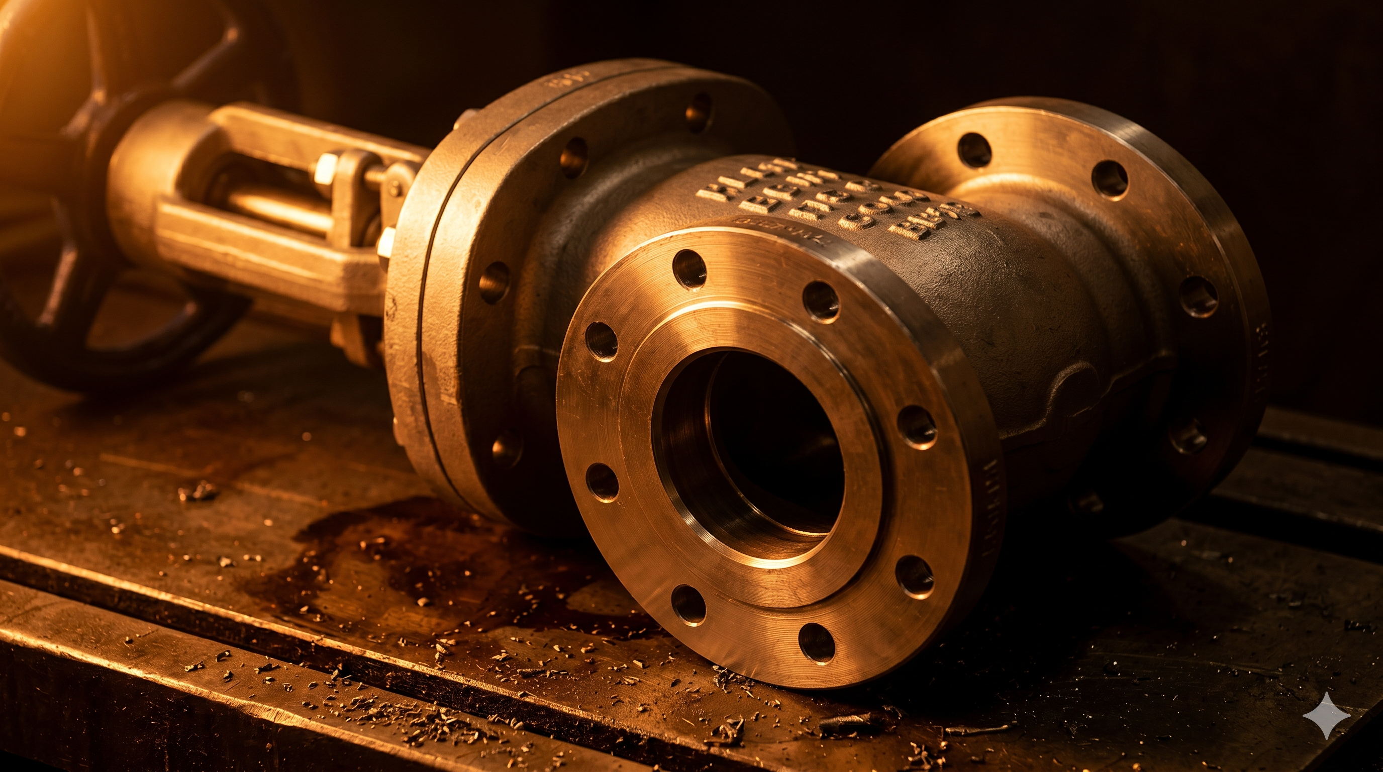 Precision-machined carbon steel gate valve on workshop surface